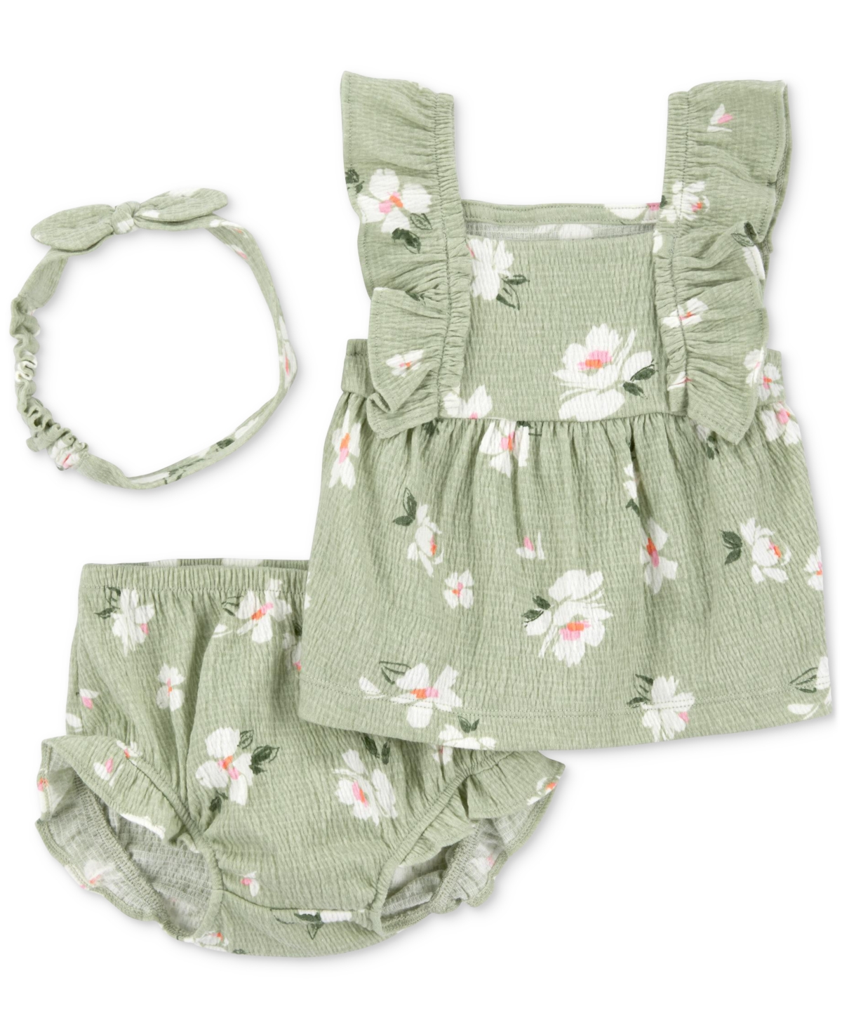 Shop Carter's Baby Girls Floral-print Gauze Headband, Top & Shorts, 3 Piece Set In Green