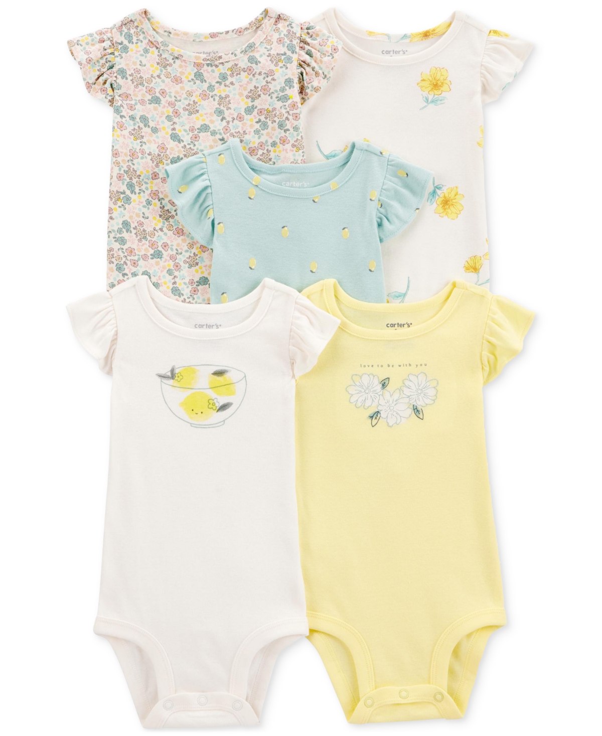 Carter's Baby Girls Cotton Short-Sleeve Lemon Bodysuits, Pack of 5 - Yellow Multi