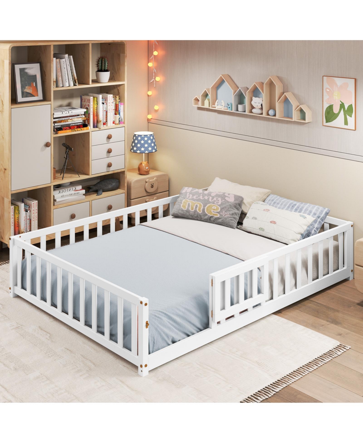 Montessori Bed Frame with Full-length Guardrails Safety Door and Latch