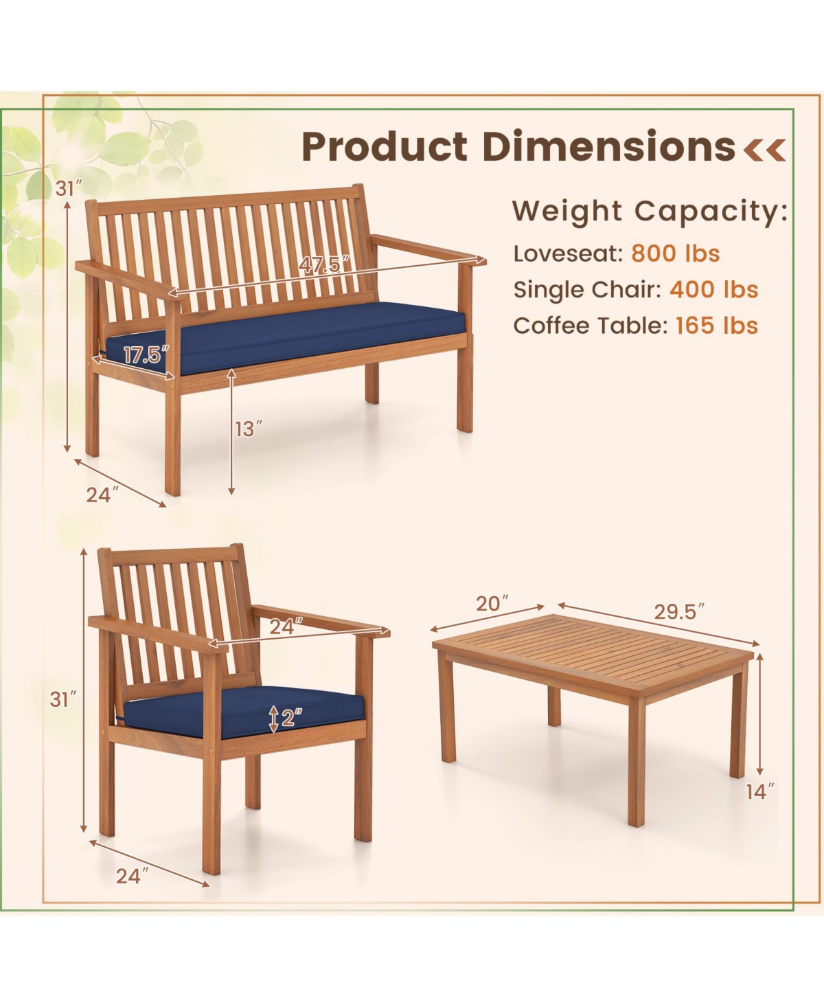 4 Piece Patio Wood Furniture Set Acacia Wood Sofa Set with Loveseat