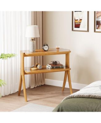 Narrow Side Table for Living Room, Farmhouse End Table with 2-Tier Storage Shelf and Solid Wood Legs