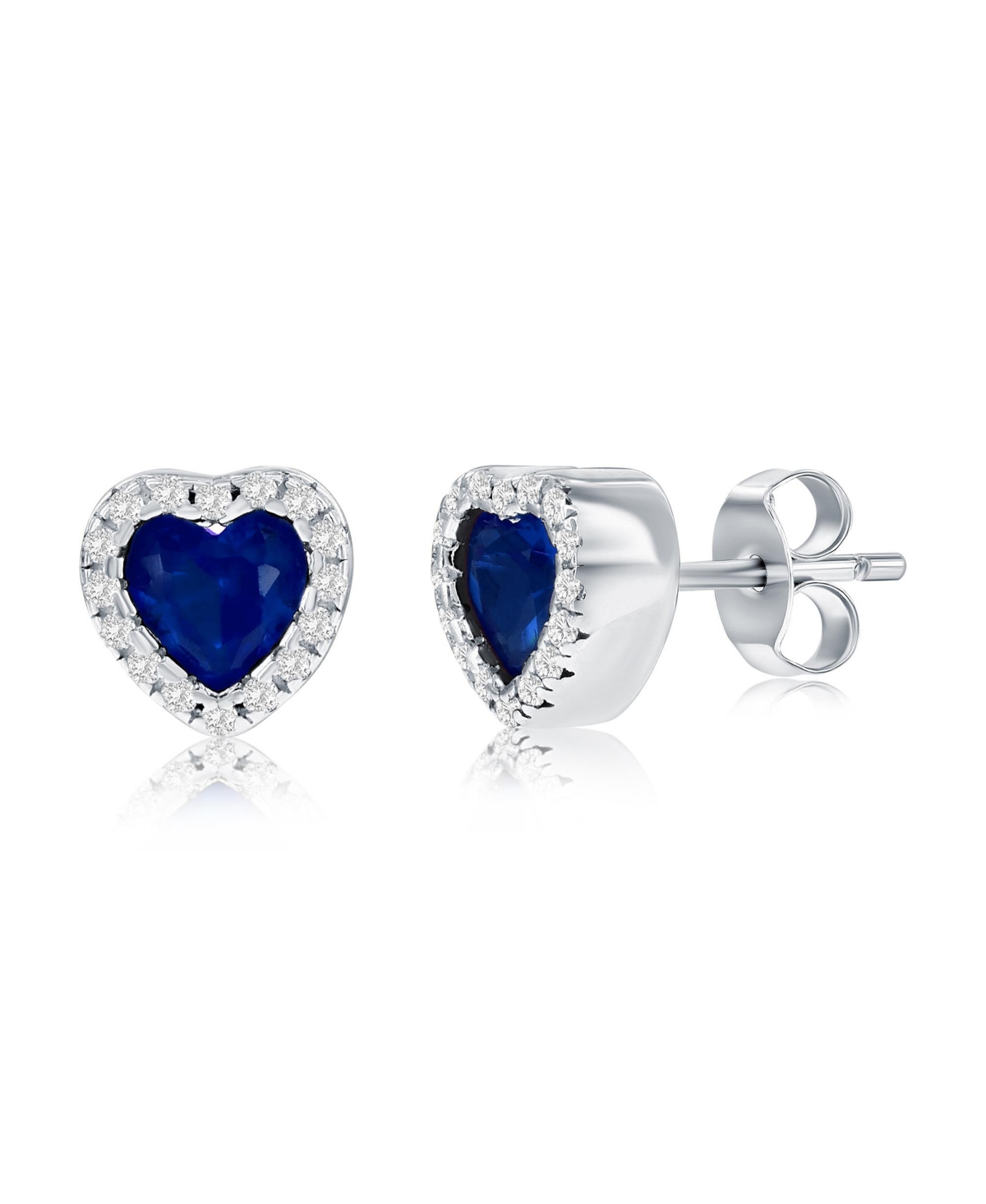 Sterling Silver, Sapphire Cz Heart Stud Earrings - Sapphire