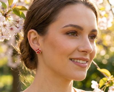 Pink Red Enamel Flower Crystal Edge Clip-On Earrings Gold Plated For Non-Pierced