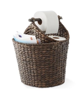 Toilet Paper Magazine Storage Basket with Roll Holder, Natural - Woven Water Hyacinth Wicker Bathroom Storage Bin