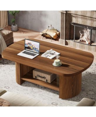 Oval Coffee Table, Mid-Century 2-Tier Coffee Table with Storage Shelf
