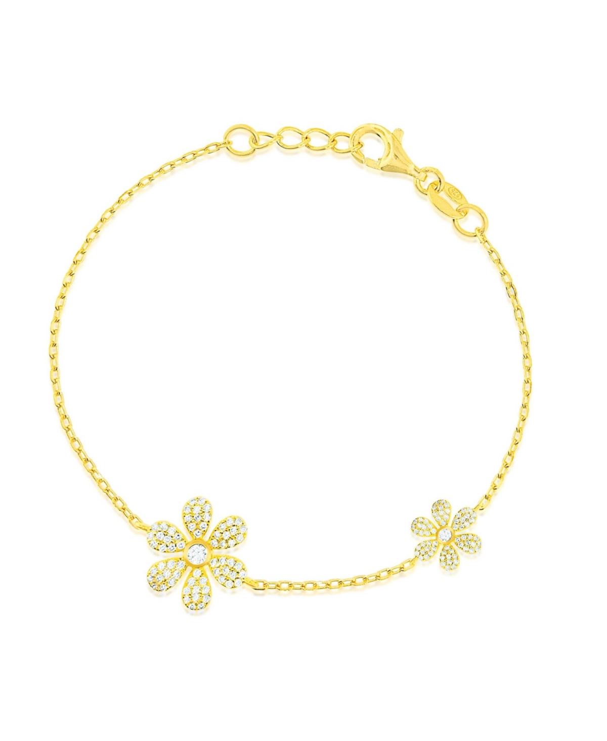 Yellow Gold Tone Double Flower Pave Cubic Zirconia Bracelet Adjustable - Gold