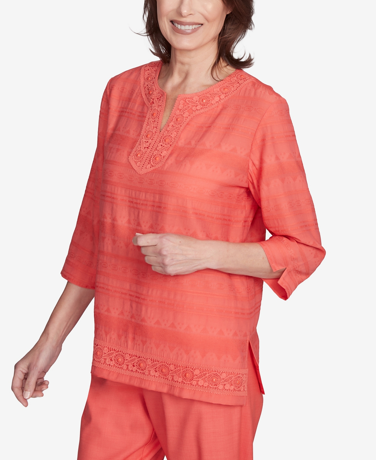Alfred Dunner Plus Size Catalina Island Solid Textured Lace Trim Round Neck Top In Tangerine
