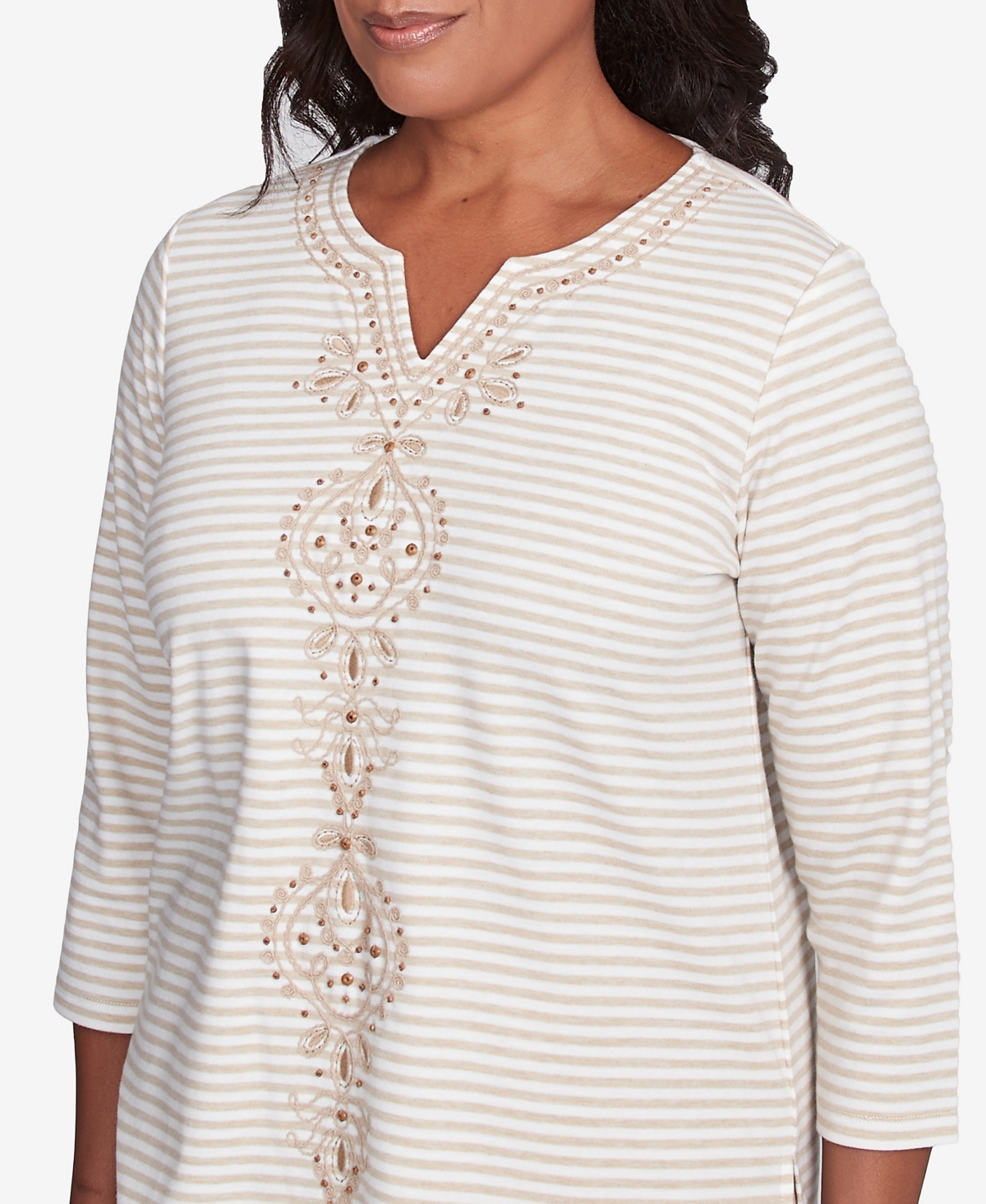 Alfred Dunner Women's Catalina Island Bold Medallion Stripe Top In Linen