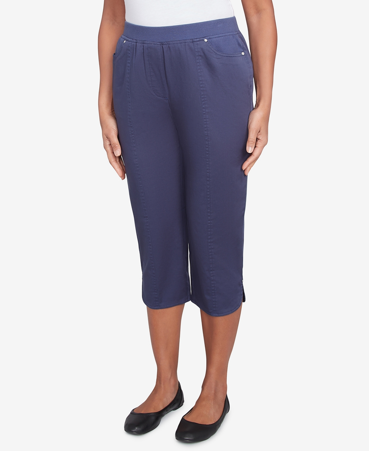 Alfred Dunner Plus Size Parrot Cay Novelty Cuff Tummy Control Capris Pants In Marine Blue