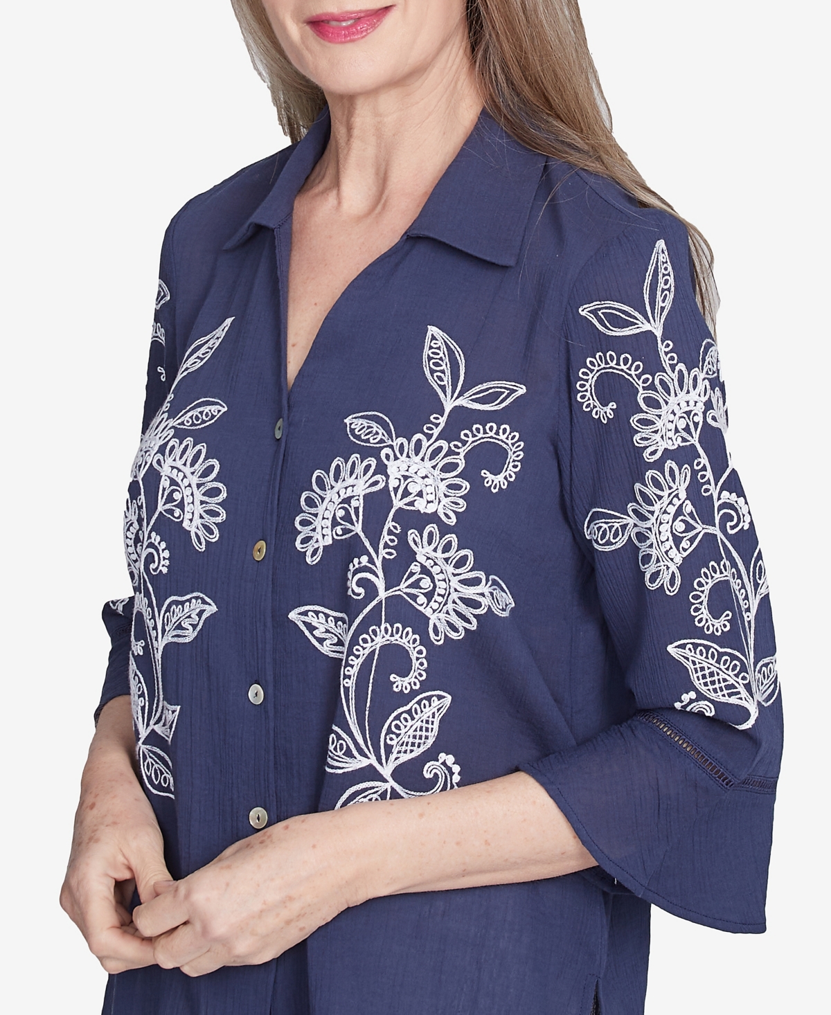Alfred Dunner Petite Nantucket Embroidered Marine Button Front Collared Neckline Top In Marine Blue