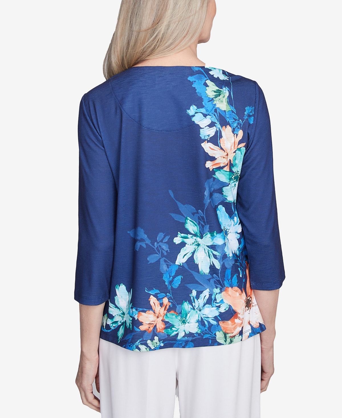 Alfred Dunner Plus Size Nantucket Asymmetric Floral Beaded Split Neck Top In Blue