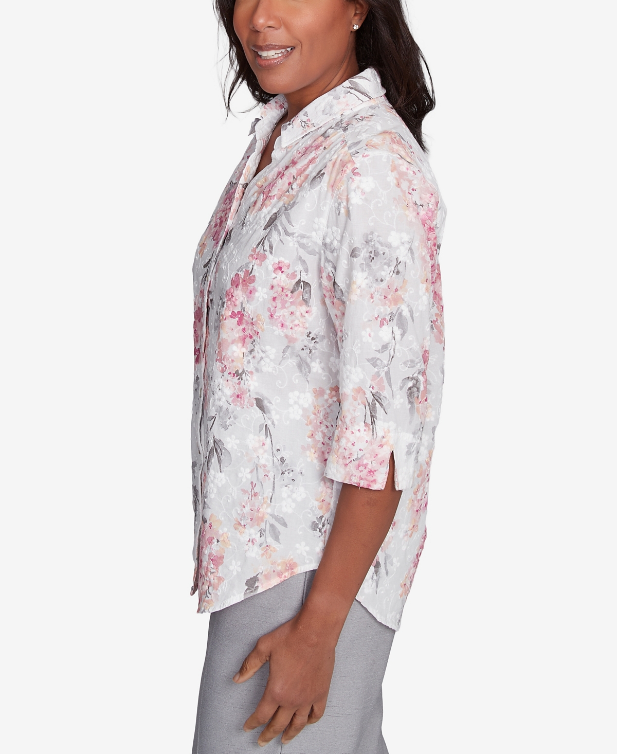 Alfred Dunner Petite Estate Of Mind Collared Button Front Hydrangea Top In Multi Pink
