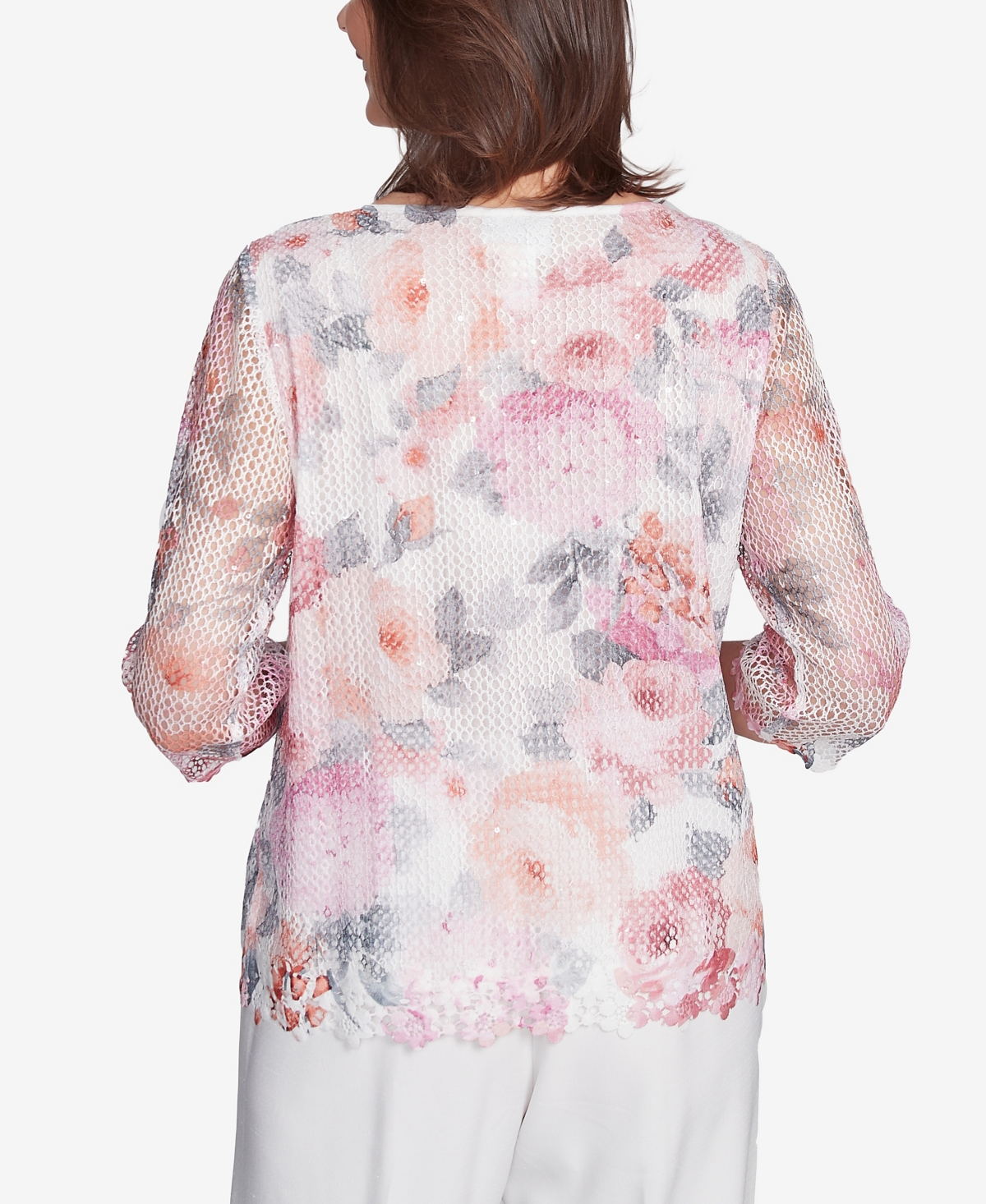 Alfred Dunner Women's Estate Of Mind Floral Mesh Watercolor Top In Multi Pink