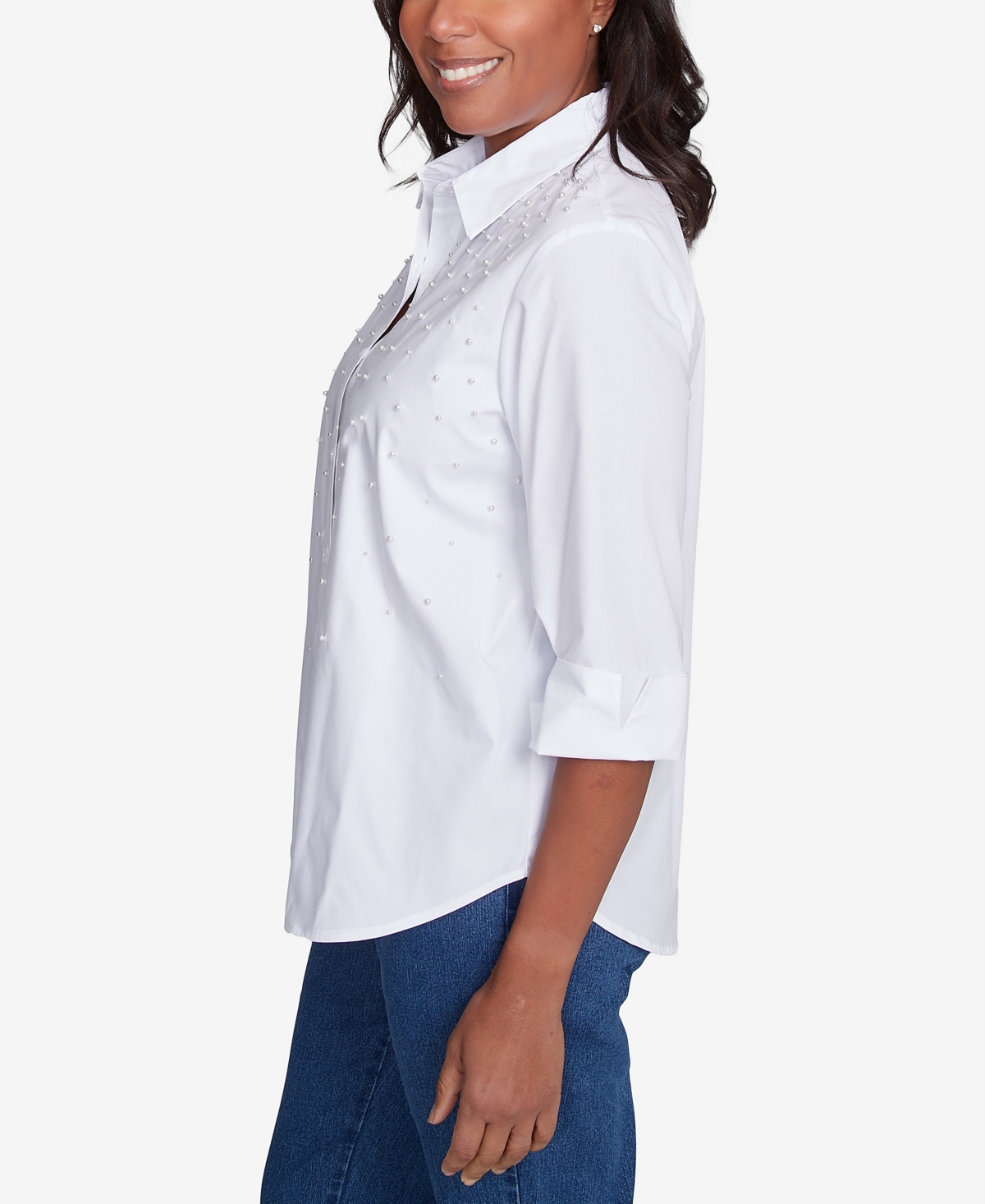 Alfred Dunner Plus Size Flower Power Studded Button Down Collared Top In White