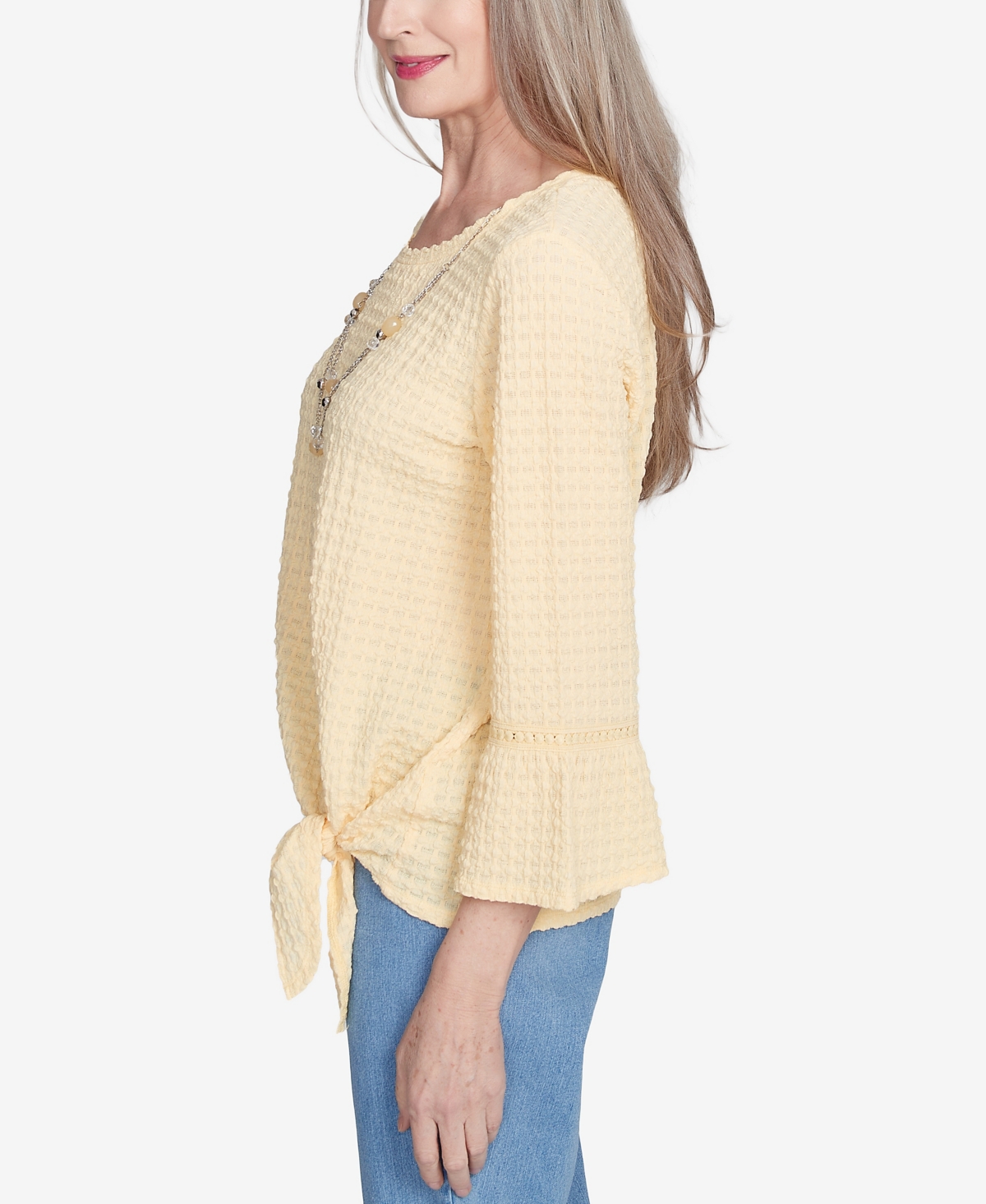 Alfred Dunner Plus Size Flower Power Tie Front Textured Crew Neck T-shirt With Necklace In Buttercup