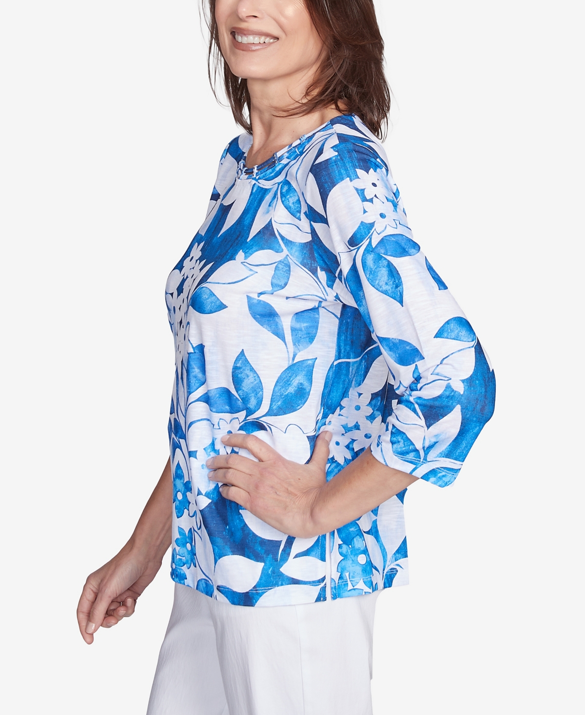Alfred Dunner Plus Size Parrot Cay Monotone Cobalt Floral Top In Cobalt Blue