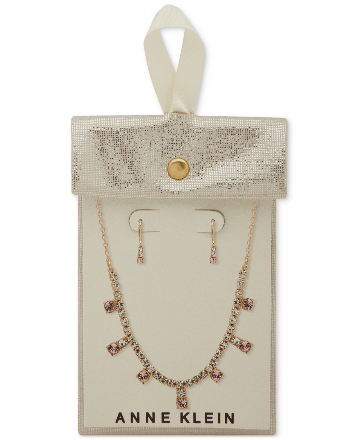 Anne Klein Gold-tone Crystal Cup Chain Frontal Necklace & Earrings Set In Pink