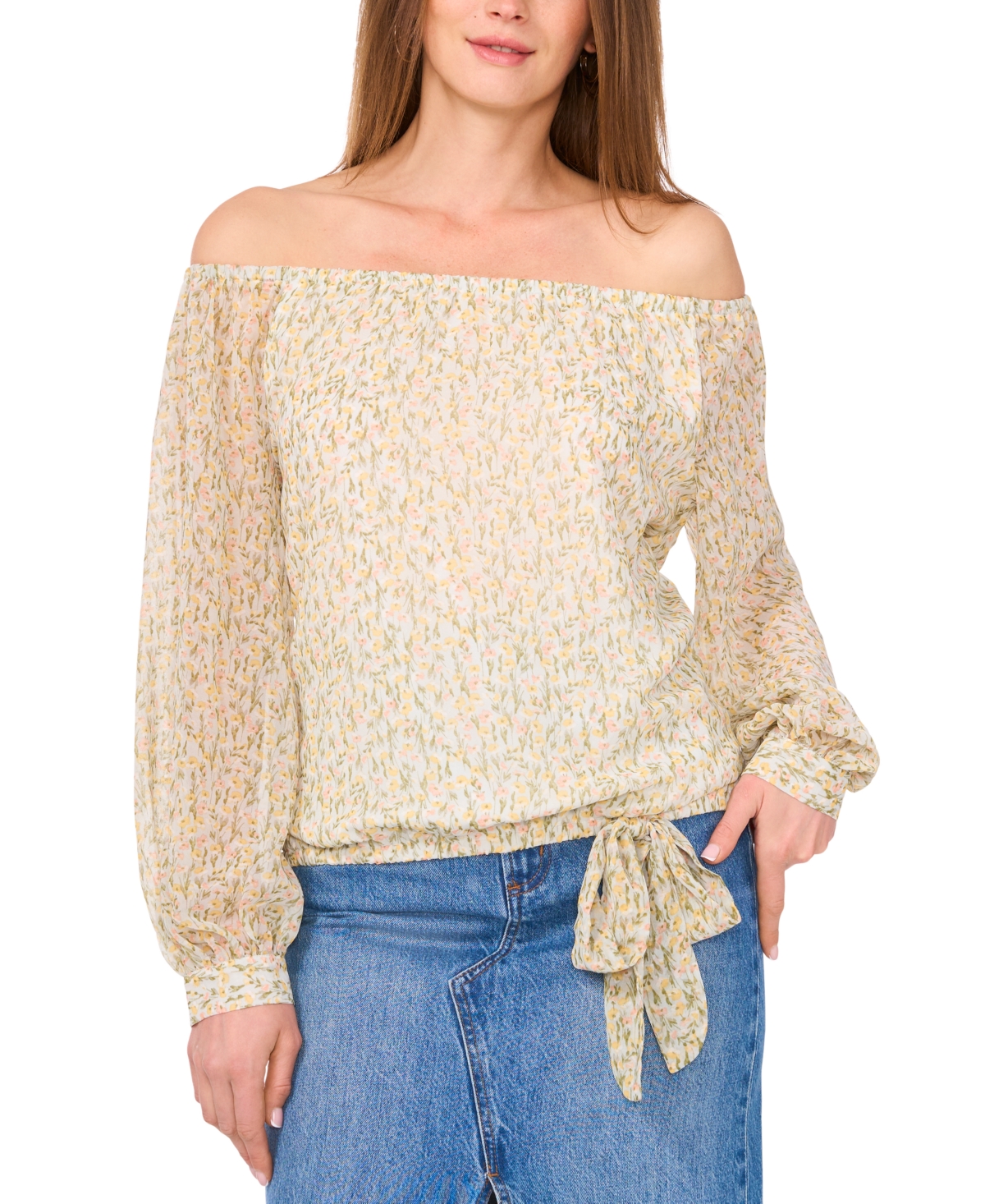 Shop Vince Camuto Women's Floral Off-the-shoulder Long-sleeve Tie-front Blouse In Calm Grey