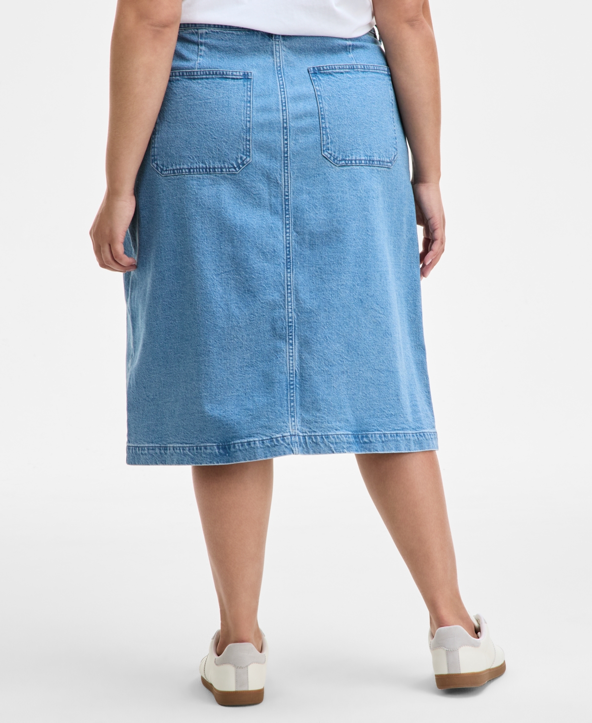 On 34th Trendy Plus Size Patch-pocket Denim Midi Skirt, Exclusively At Macy's In Soda Wash