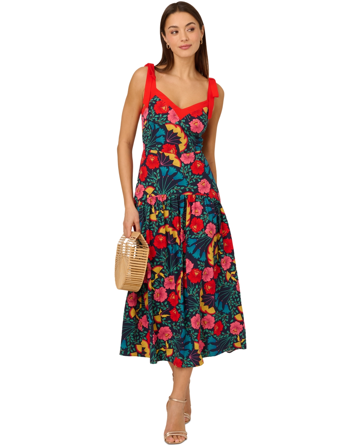 by Adriana Papell Women's Printed Bow-Strap Midi Dress - Navy Multi