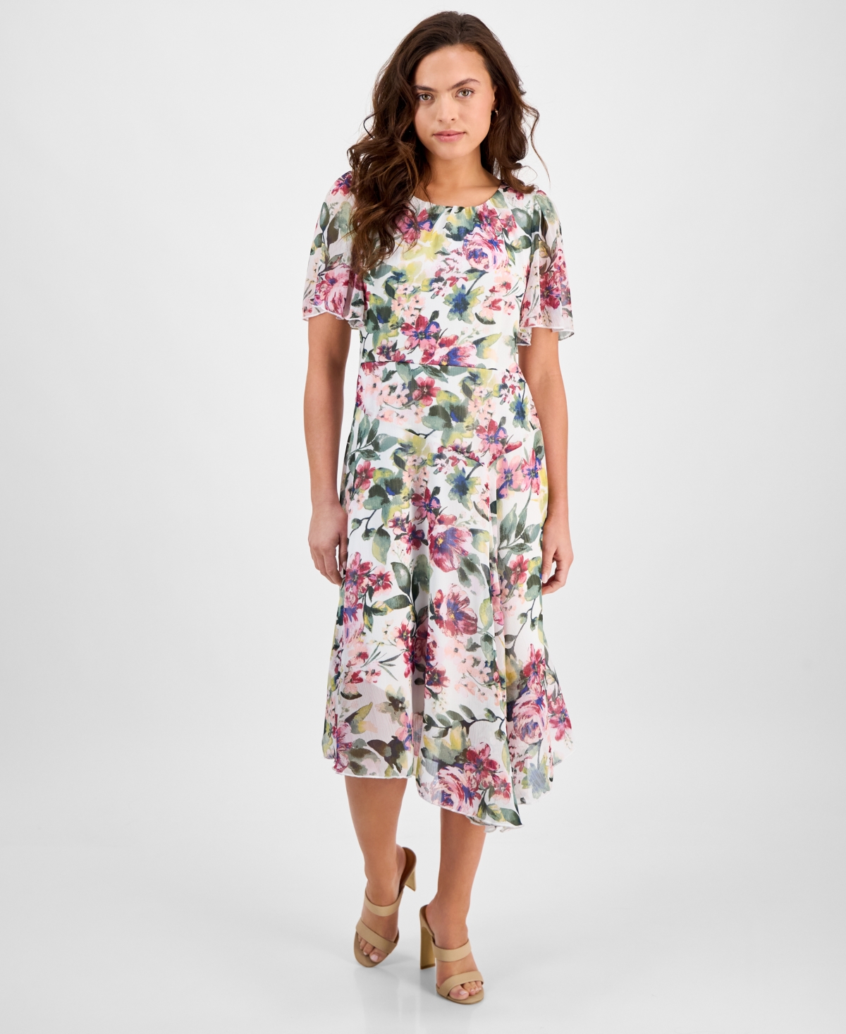 Petite Printed Asymmetric Flutter-Sleeve Dress - White