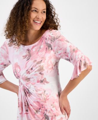 Connected Petite Floral 3/4-Sleeve Ruffle-Hem Dress