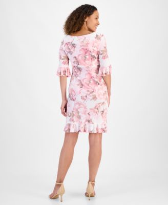Connected Petite Floral 3/4-Sleeve Ruffle-Hem Dress