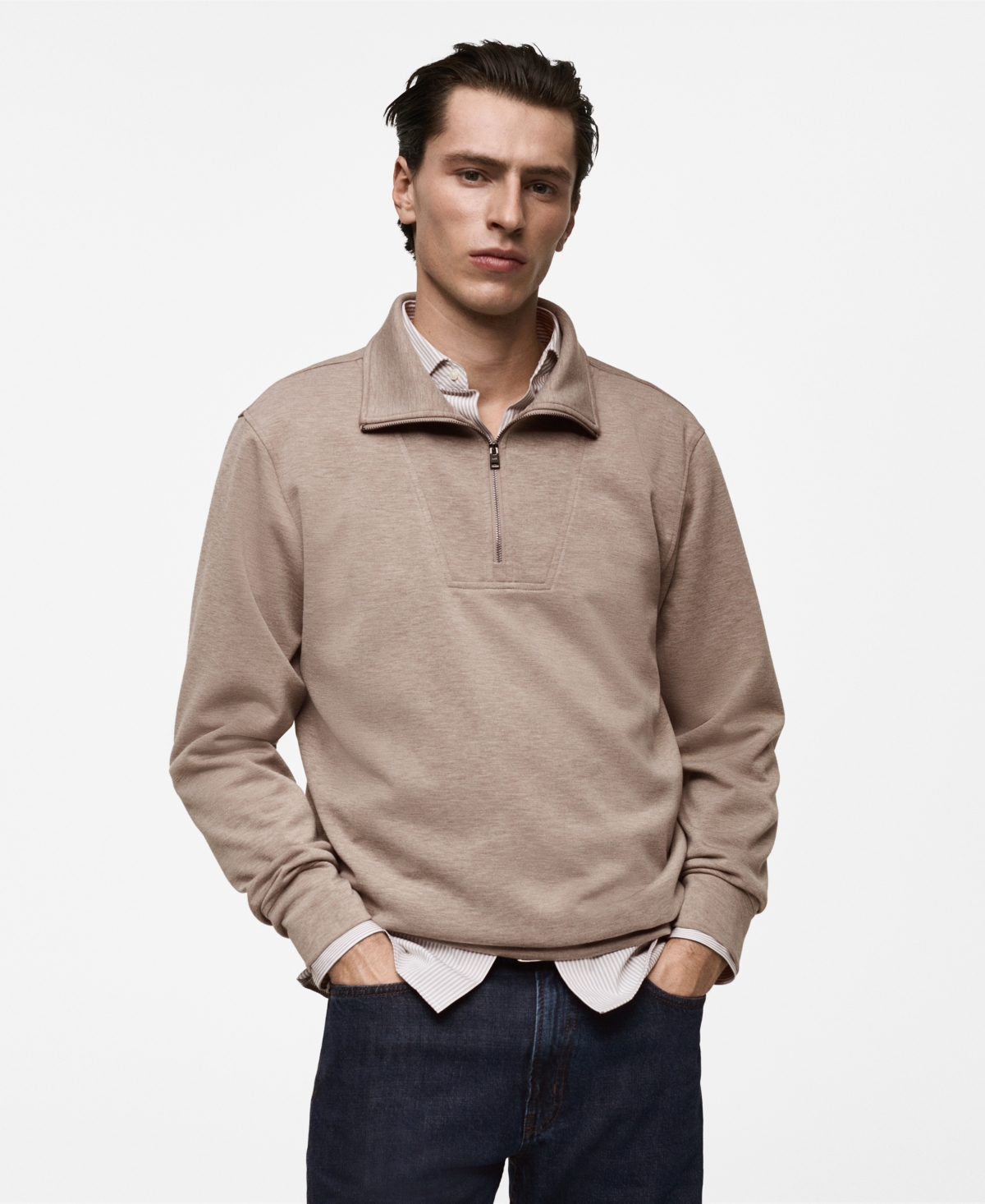 Mango Men's Funnel-neck Quarter-zip Sweatshirt In Mink Gray