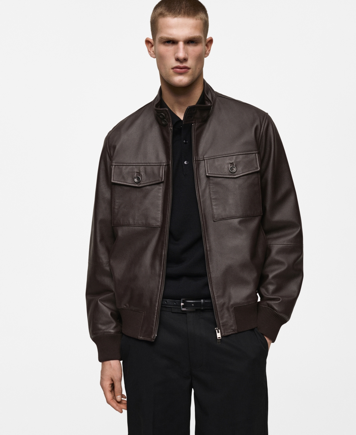 Men's Pocket Leather Biker Jacket - Brown
