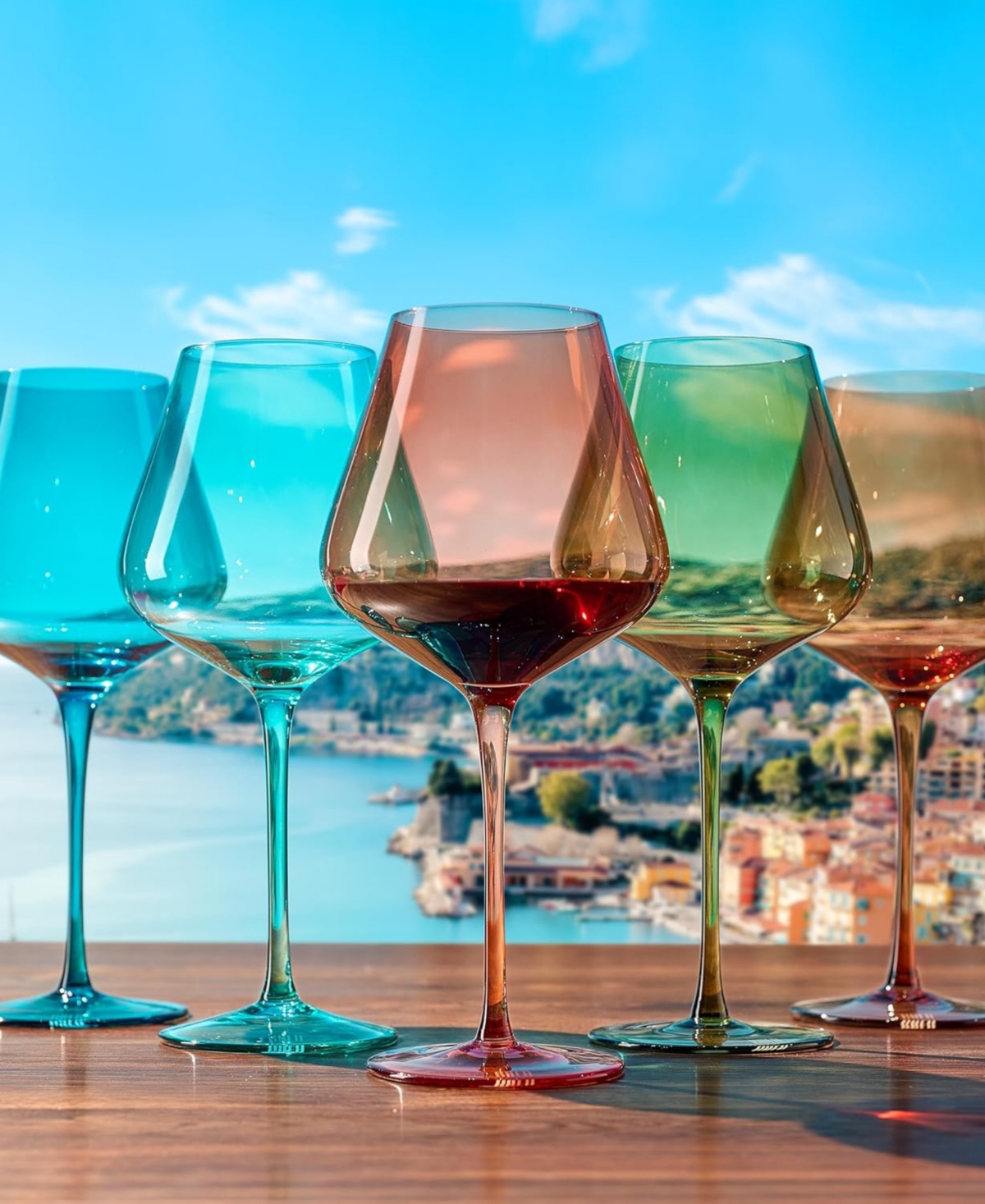 The Wine Savant Colors Of French Riviera Coastline Wine Glasses, Set Of 5 In Multicolor