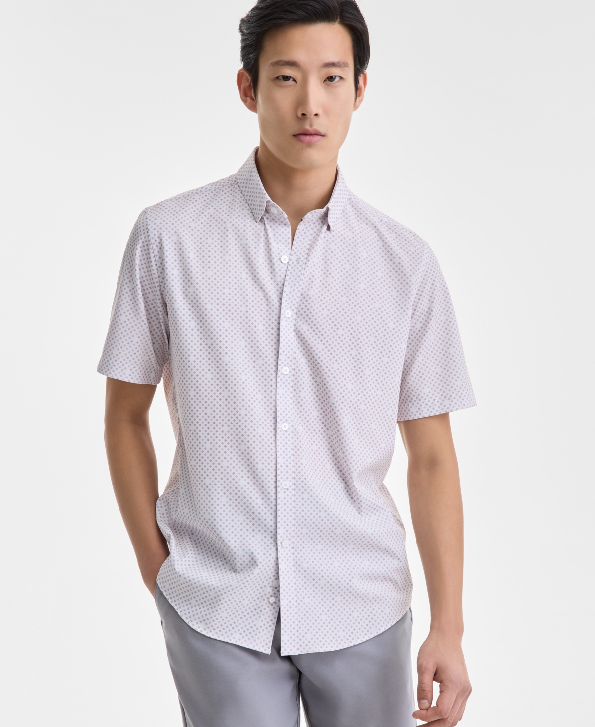 Men's Short Sleeve Diamond Print Button-Front Performance Shirt, Exclusively at Macy's - Bright White