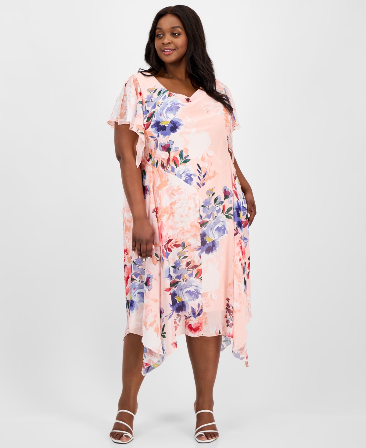 ROBBIE BEE PLUS SIZE PRINTED COWL-NECK FLUTTER-SLEEVE DRESS 