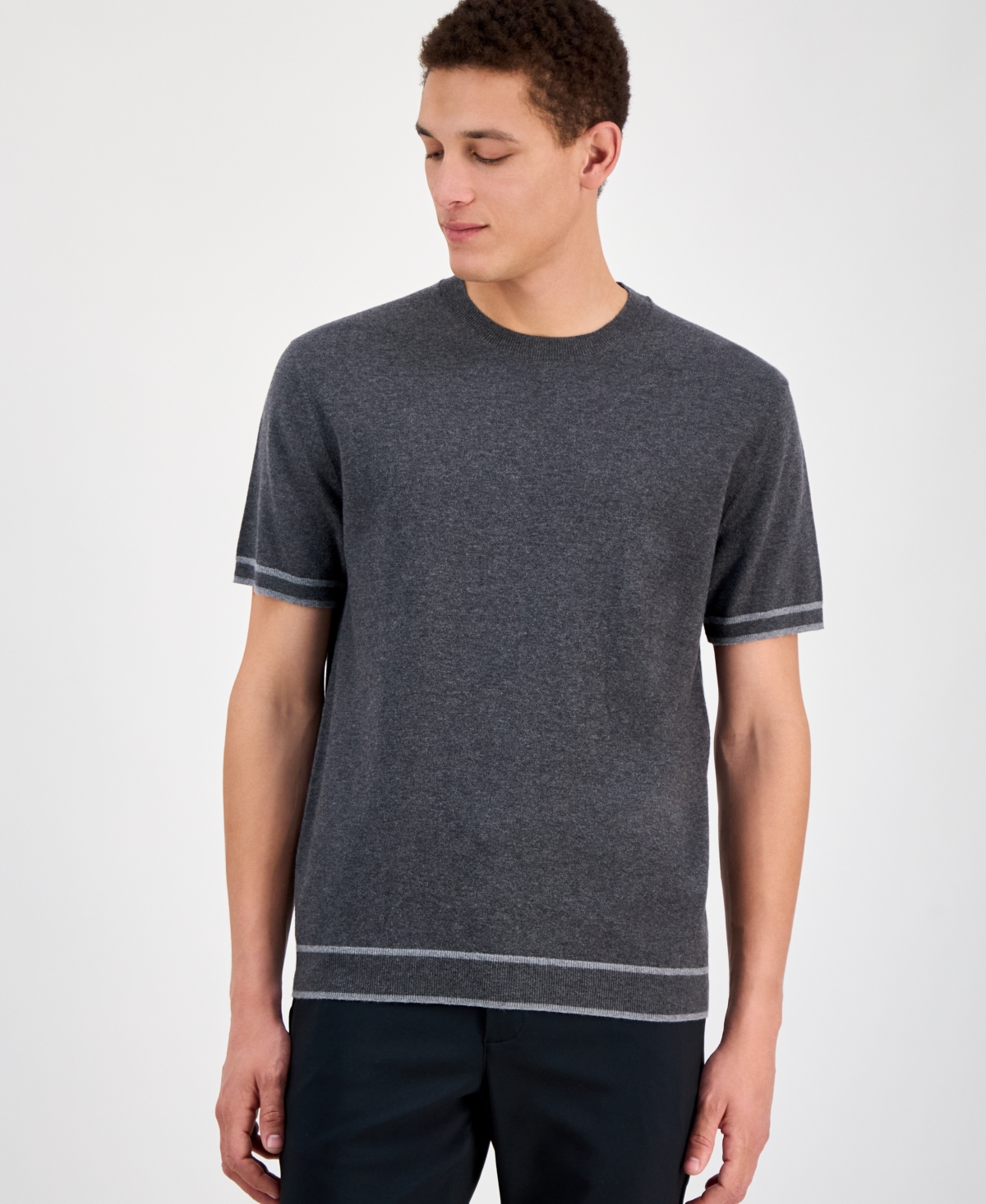 Alfani Men's Refined Short Sleeve Textured Sweater, Exclusively At Macy's In Charcoal Heather