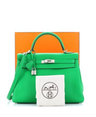 Kelly 32 Handbag Green Clemence with Palladium Hardware