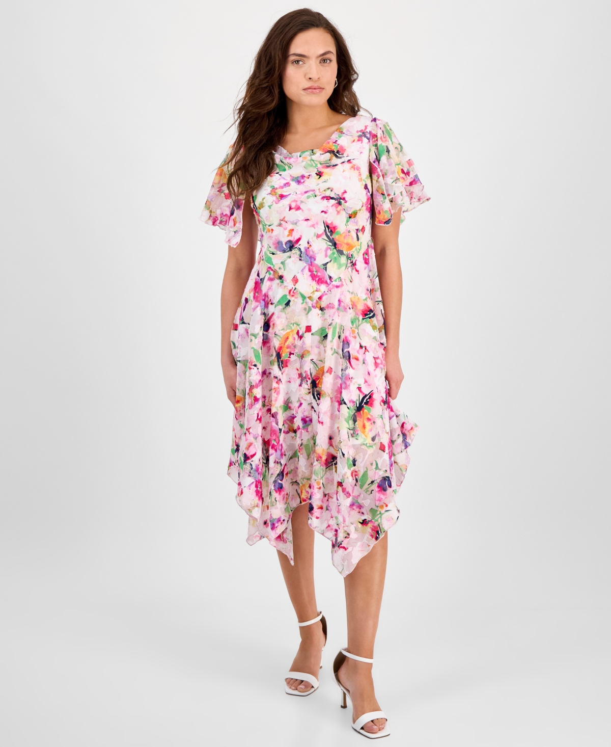 Women's Floral Clip-Dot Cowlneck Asymmetric Dress - White Multi