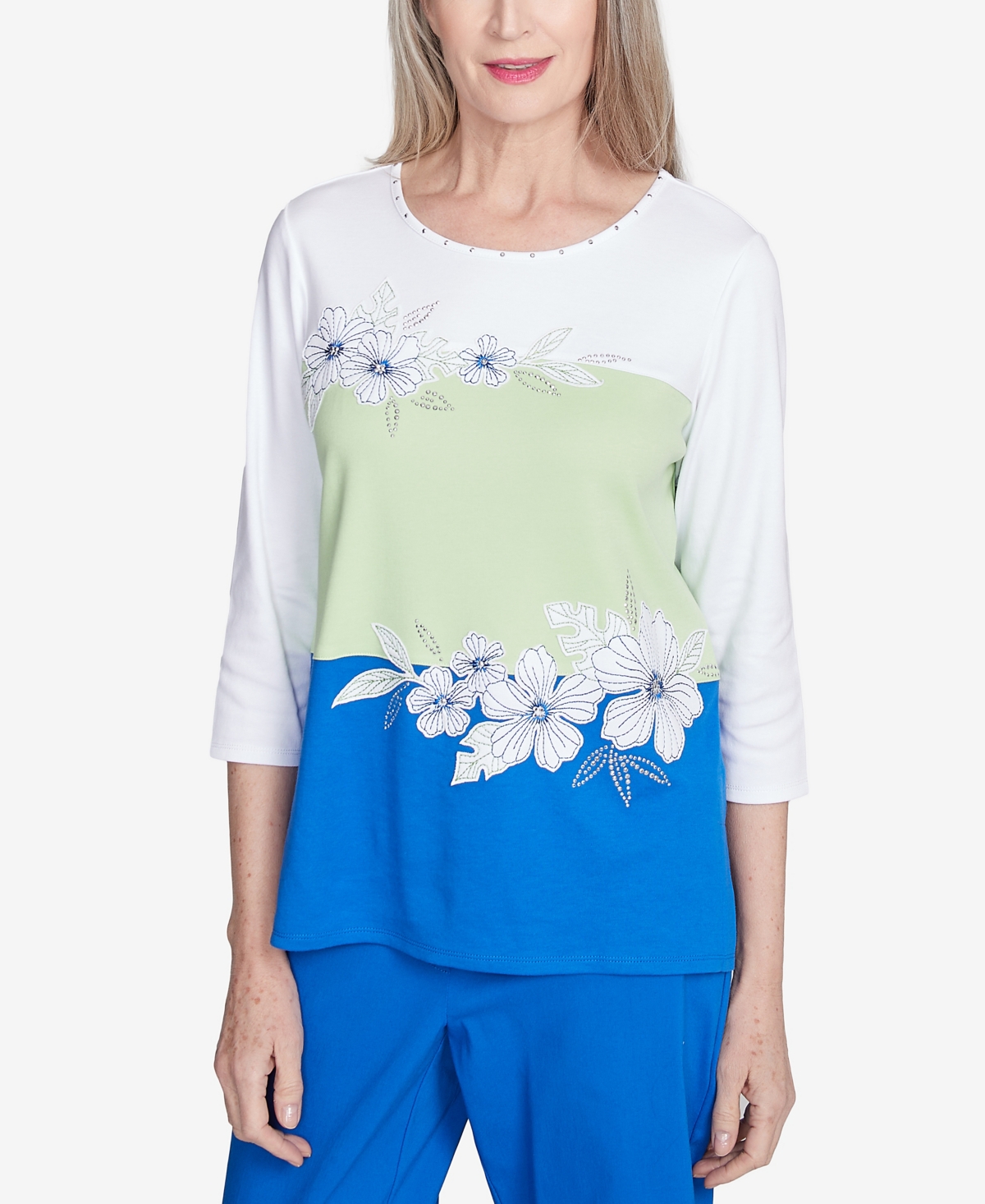 Alfred Dunner Plus Size Parrot Cay Tropical Colorblock Floral Crew Neck Top In Cobalt Multi