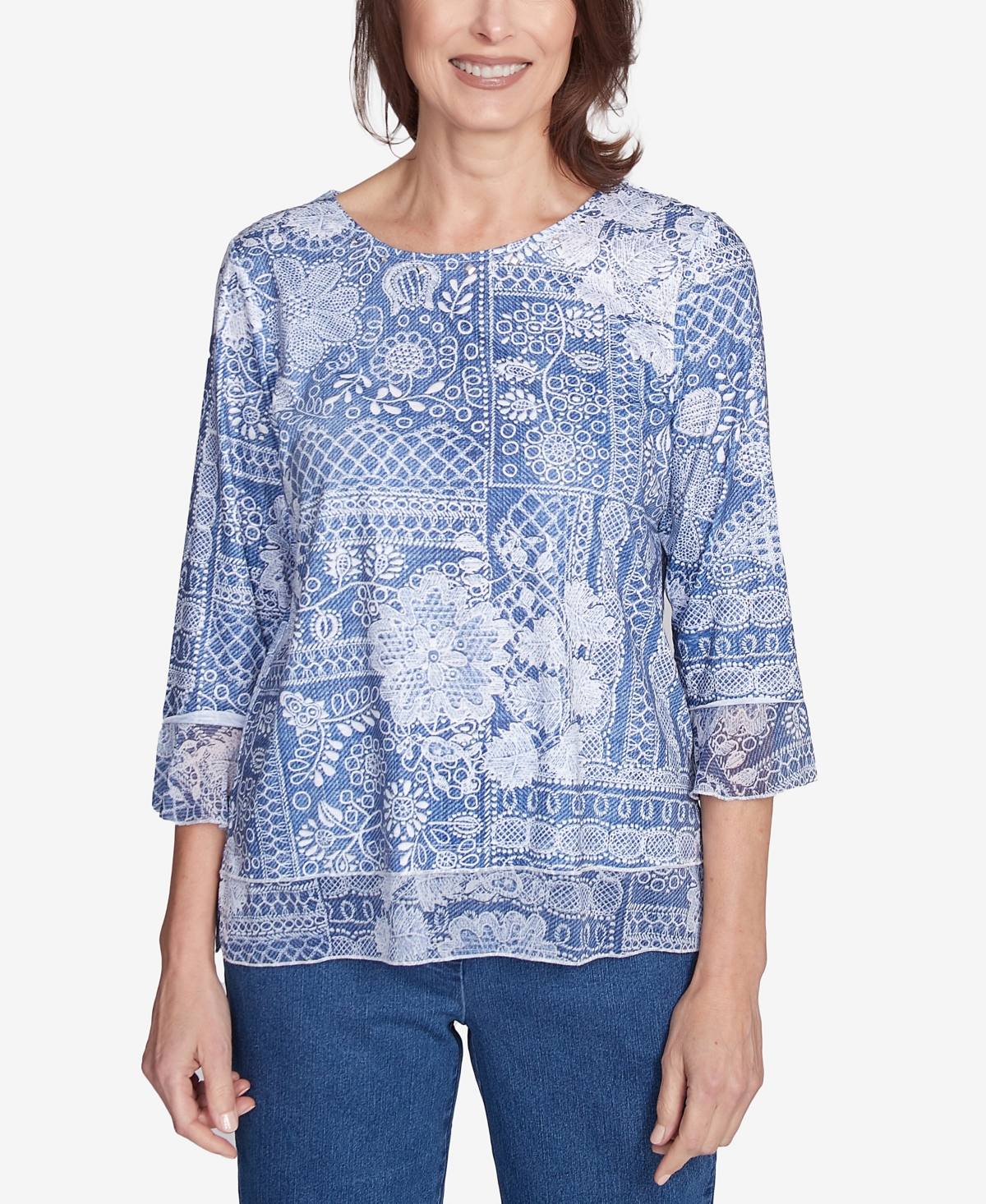 Petite Flower Power Lacey Floral Patchwork Crew Neck Top - Blue