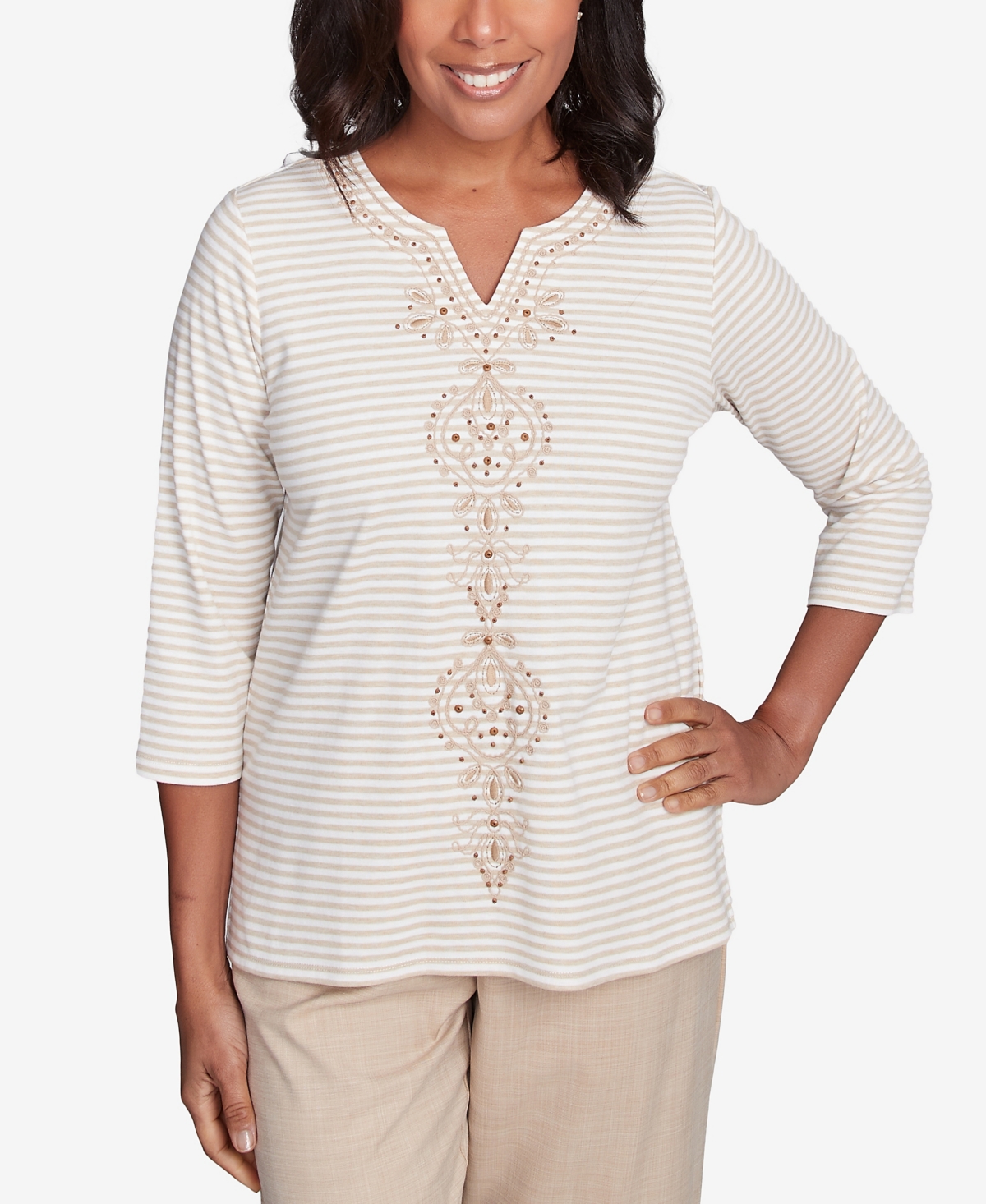 Alfred Dunner Women's Catalina Island Bold Medallion Stripe Top In Linen