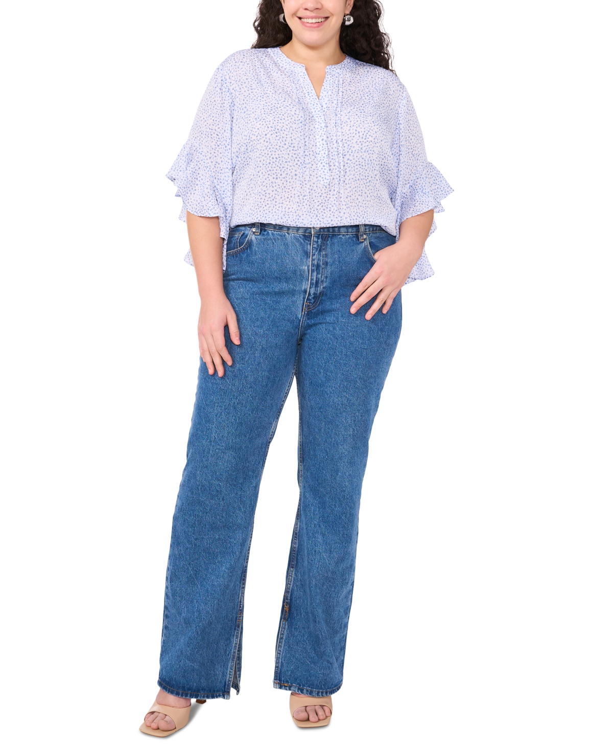 VINCE CAMUTO PLUS SIZE SPLIT-NECK RUFFLE-SLEEVE BLOUSE 