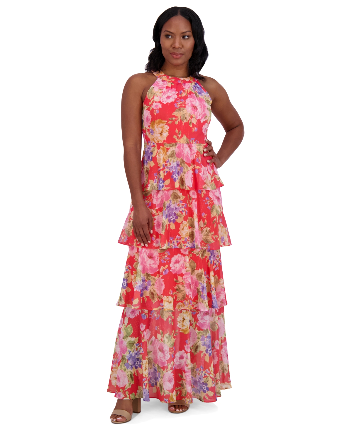 Women's Floral-Print Tiered Halter Gown - Poppy