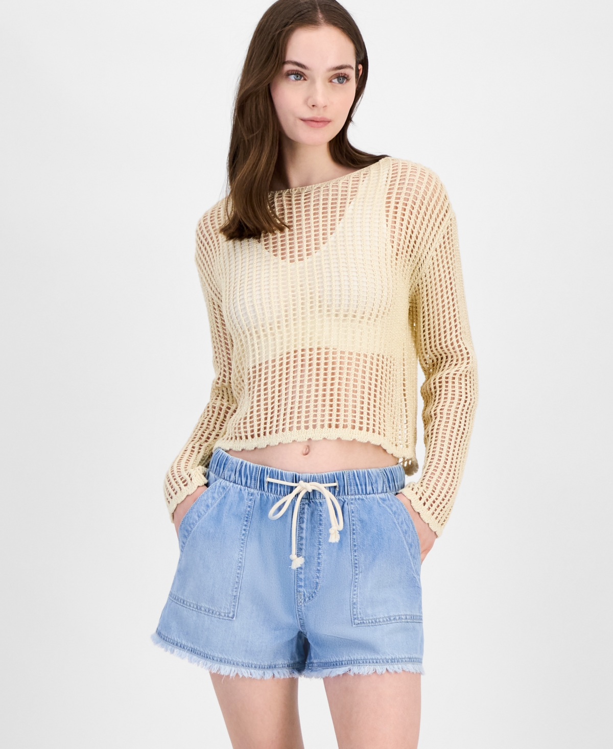 Juniors' Shimmer Open-Knit Sweater - Shimmer Beached Sand