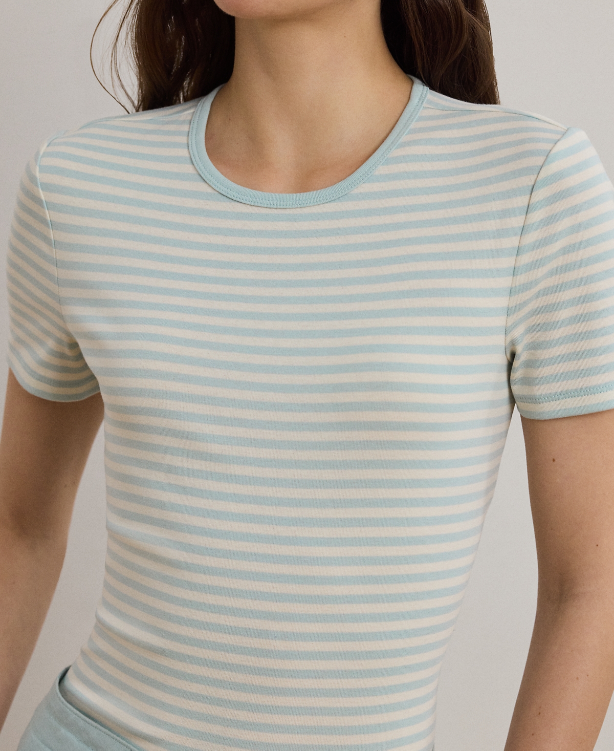 Shop Ralph Lauren Petite Striped Stretch Cotton Crewneck Tee In Aqua Pearl,mascarpone Cream