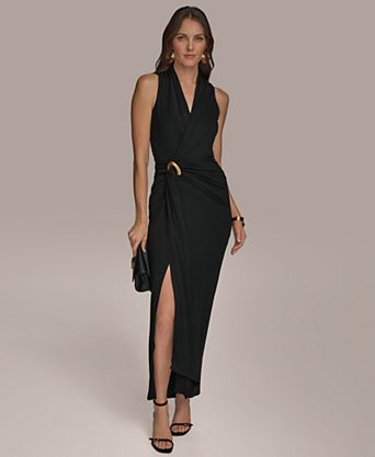 macys wrap dress REISS Macy Belted Faux balancing the fitted bodice beautifully Women's Black Wrap Dresses |