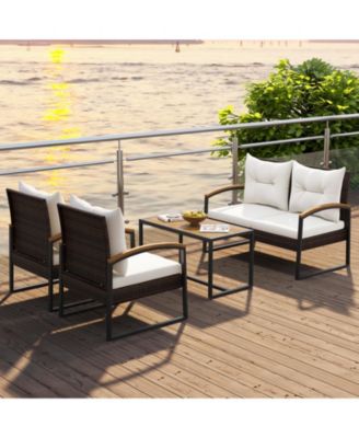 4 Pieces Patio Conversation Set with Acacia Wood Armrests and Tabletop and Cushions