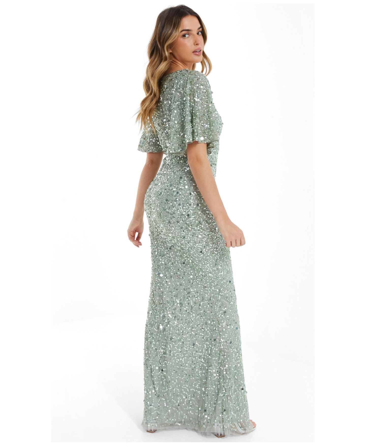 Женское платье QUIZ Sequin Batwing Maxi, цвет: Зелёный — фото 3