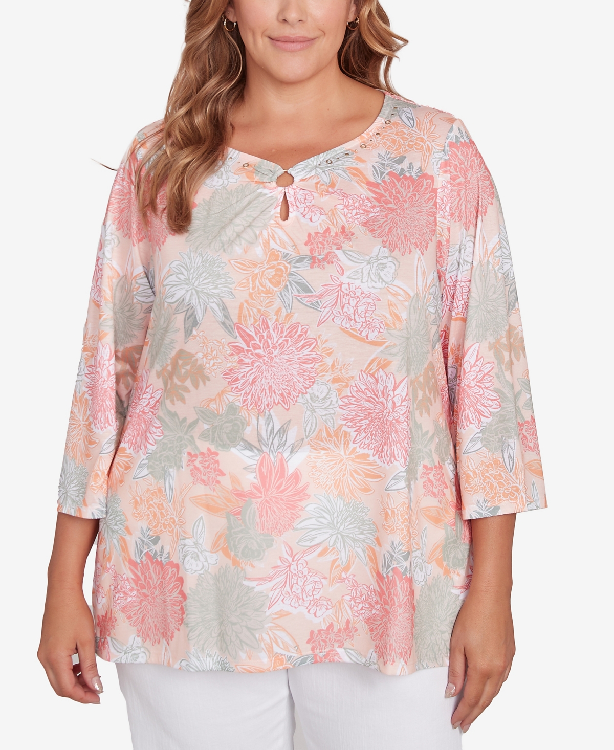 Hearts Of Palm Plus Size Spring Forward Tunic Ring Front 3/4 Sleeve Top In Orange Multi