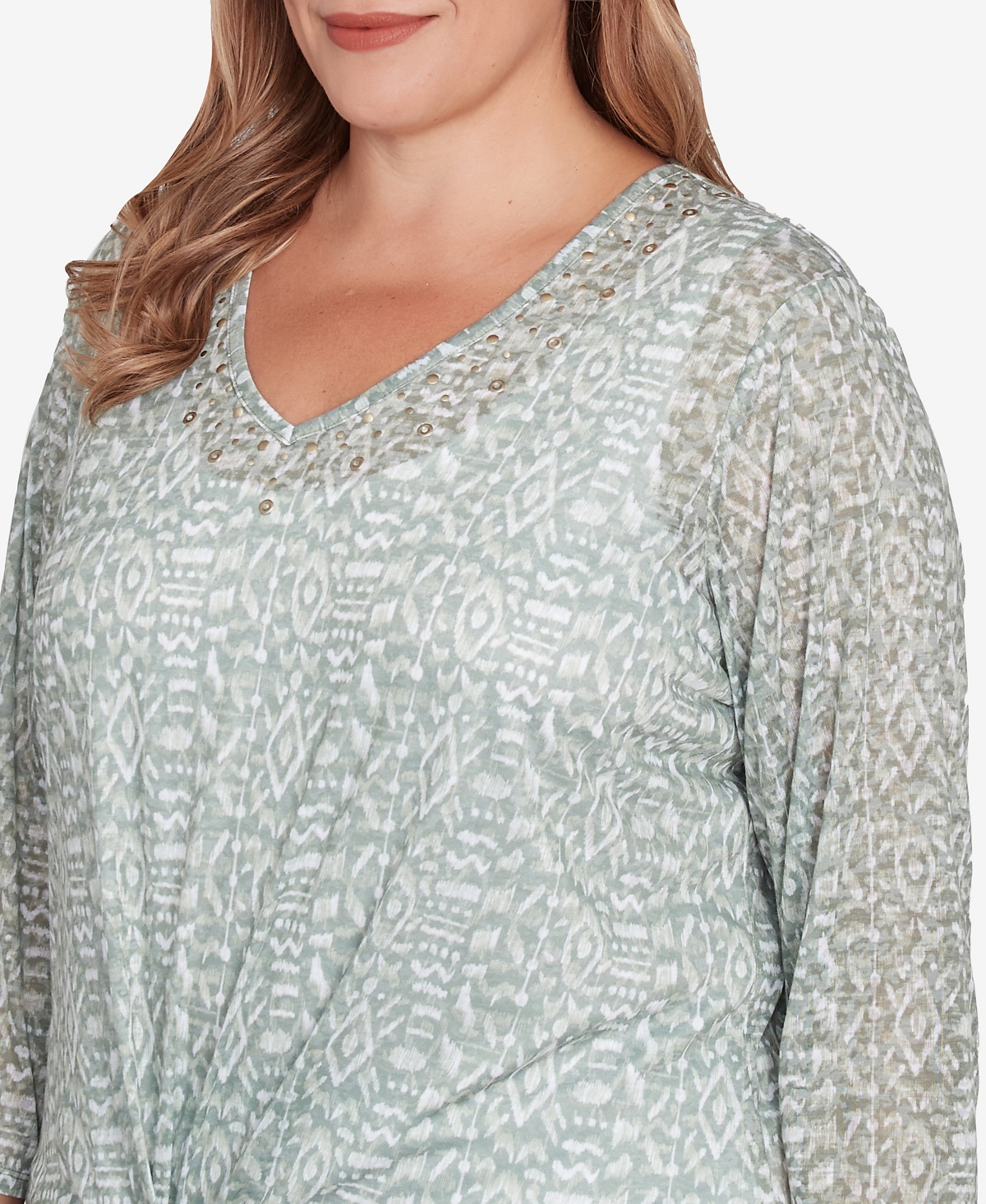 Hearts Of Palm Plus Size Spring Forward Printed Burnout V-neck Top In Willow Multi