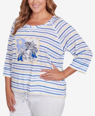 Plus Size Making Waves Beach Scene Drawstring 3/4 Sleeve Top