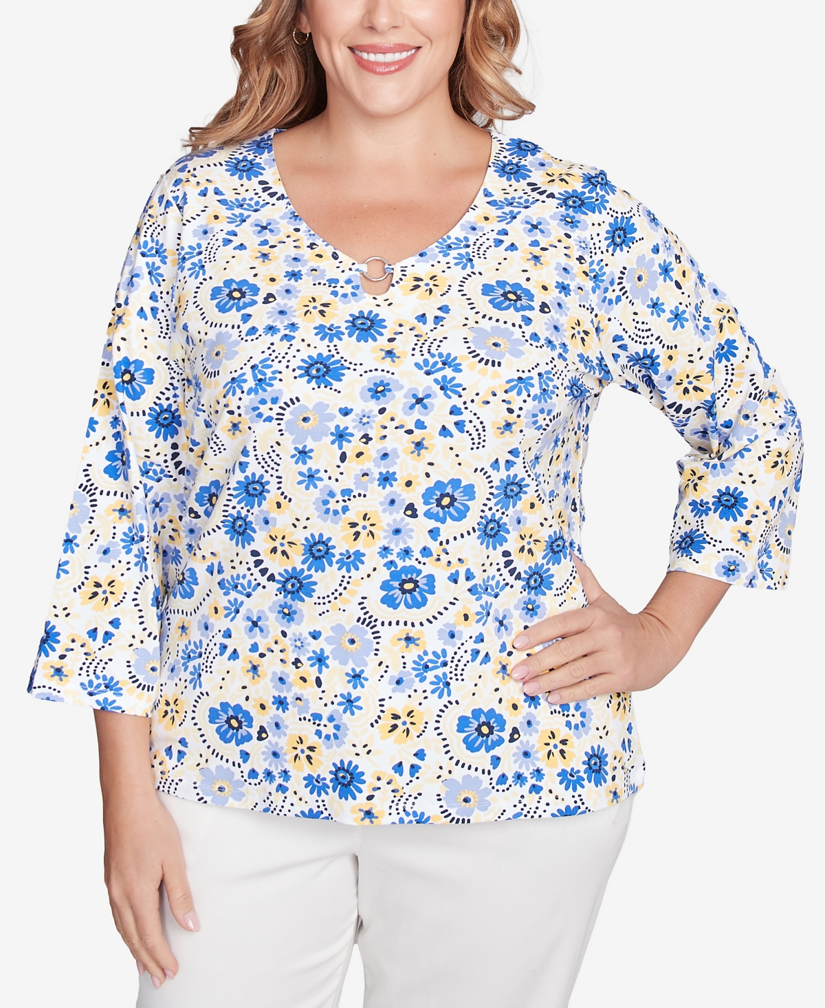 Plus Size Making Waves Printed 3/4 Sleeve Top - French Blue Multi