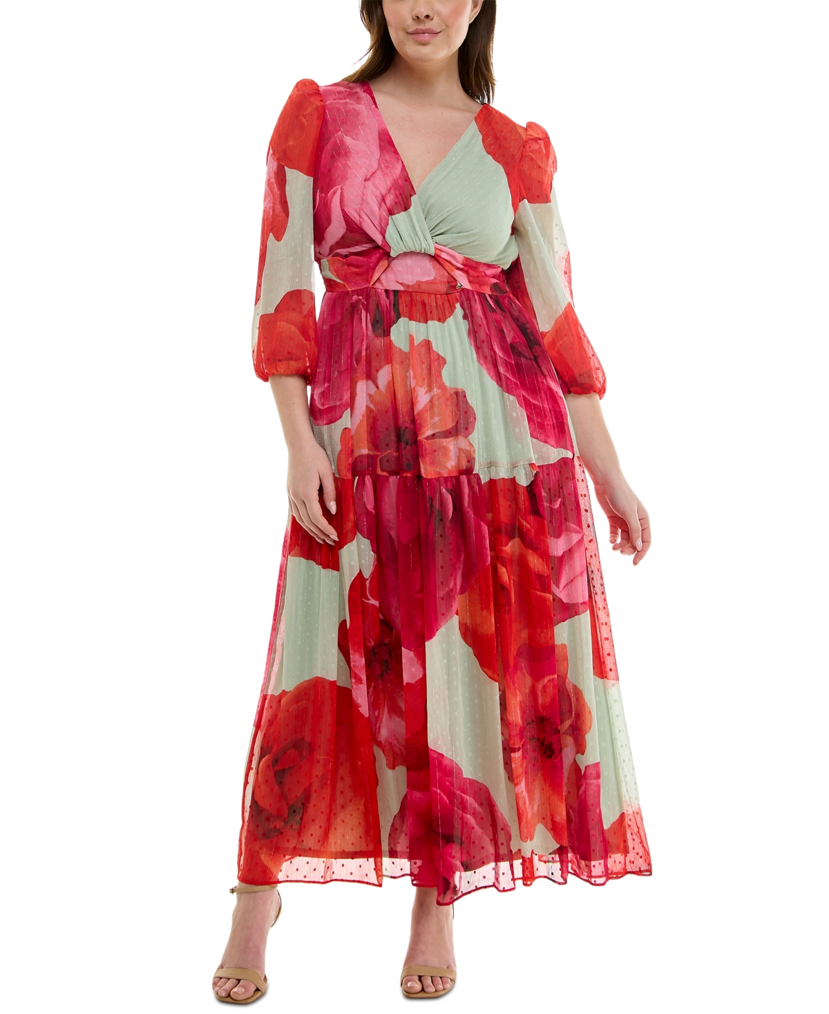 Plus Size Floral-Print Twist-Waist Tiered Dress - Sage Scarlet